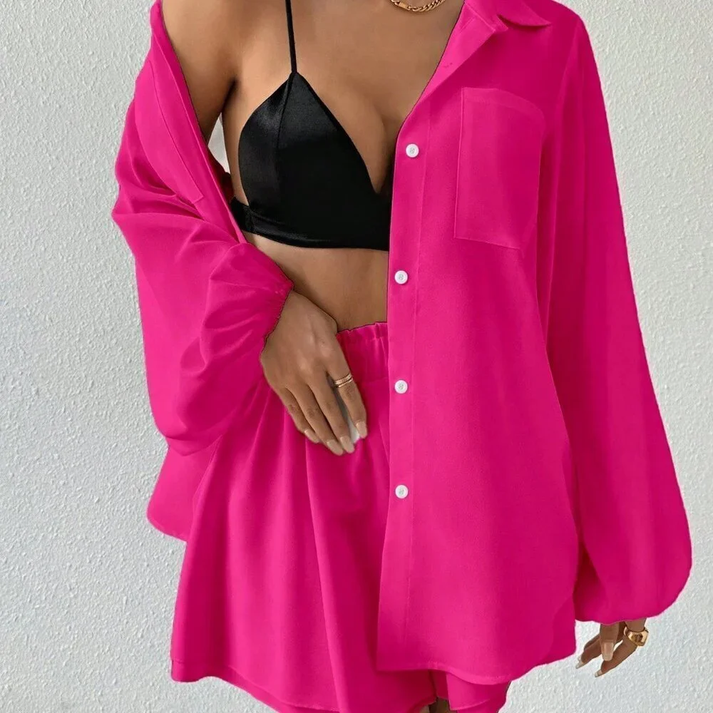 Hot Pink Casual Women's Lantern Sleeve Blouse And Shorts Set
